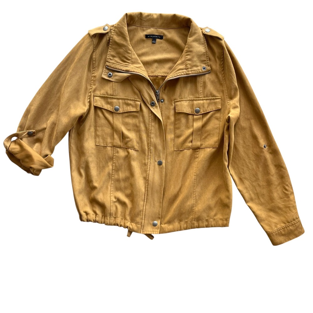 STACCATO Womens L Mustard Yellow Tan Suede Roll Tab Sleeves Field Utility Jacket